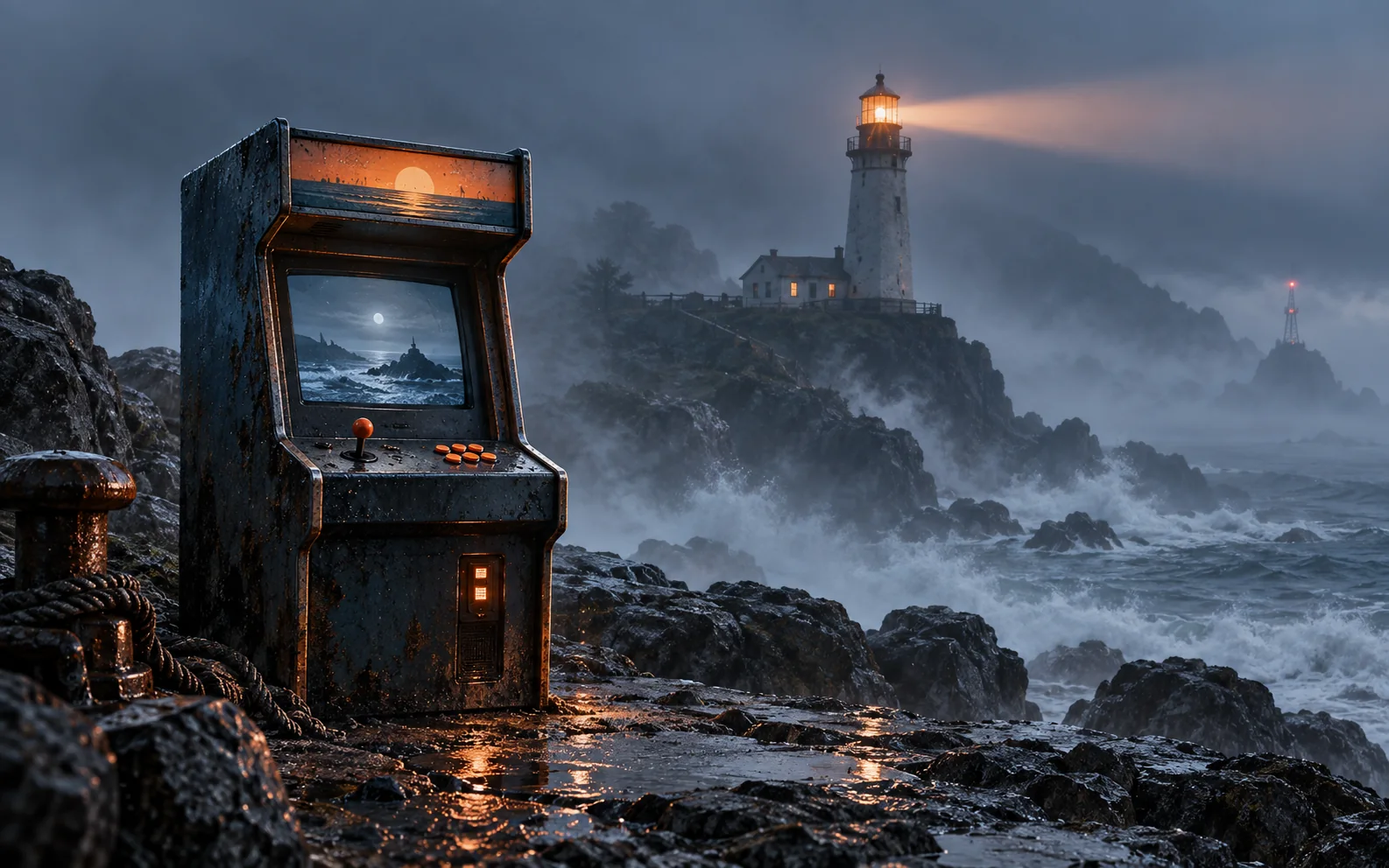 A game cabinet near a lighthouse on a stormy coast