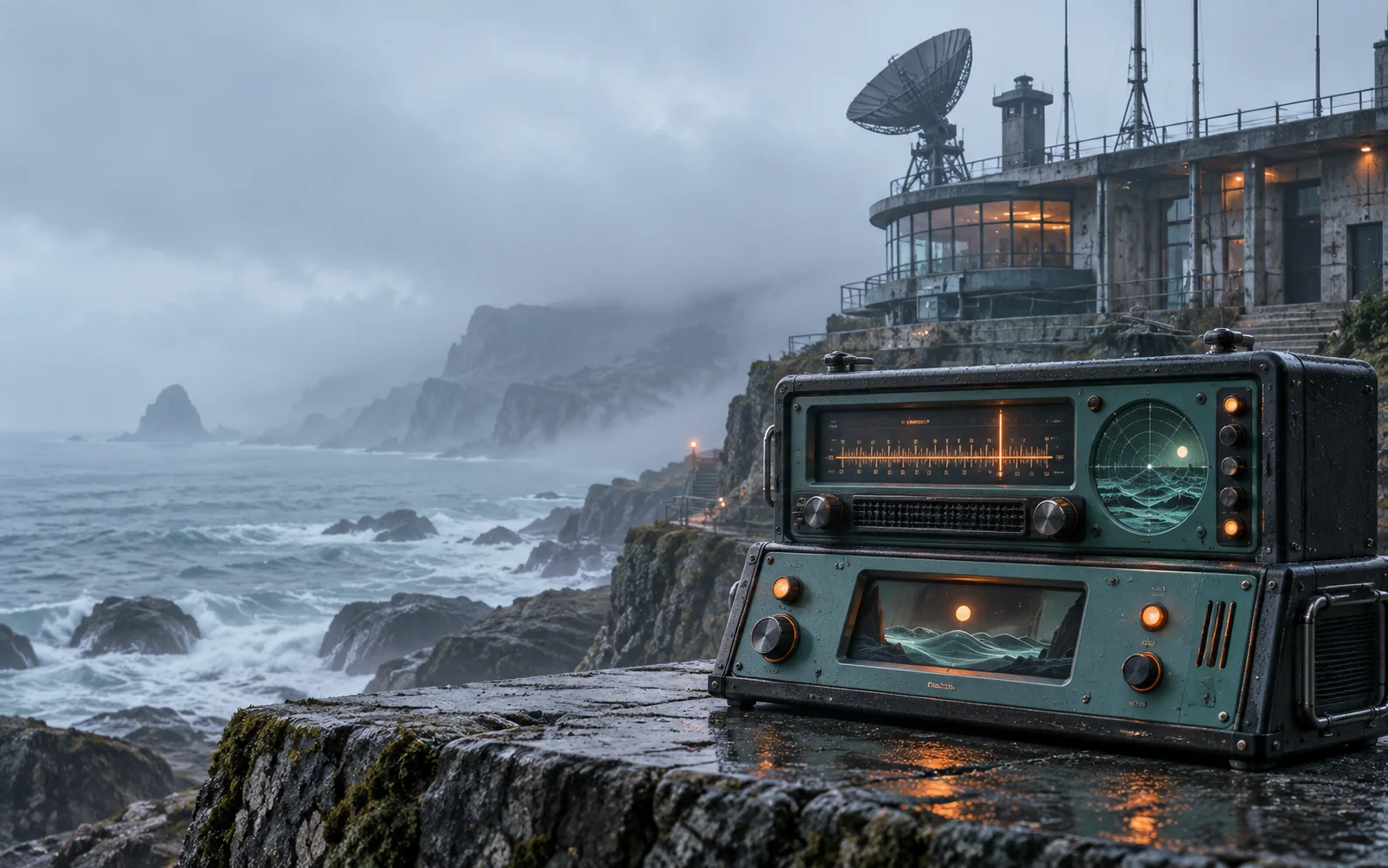An analog coastal broadcast console overlooking a misty shoreline